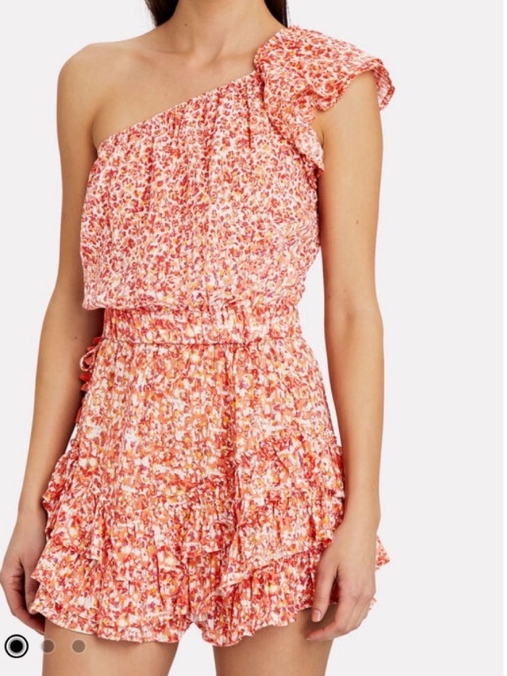 Poupette St. Barth Kaia Coral-Pink One-Shoulder Ruffle‎ Tiered Hem Mini Dress XS